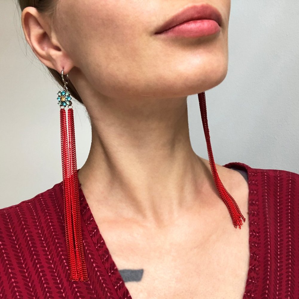 Extra long red tassel earrings for women, super long chain earrings handmade